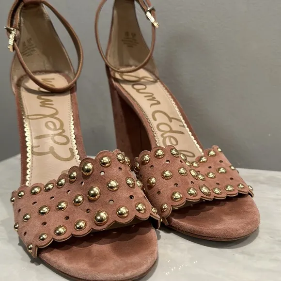 Sam Edelman Yaria Studded Leather Suede Block-Heel Nude Sandals Size 10