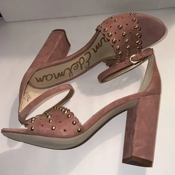Sam Edelman Yaria studded suede block heel ankle strap dusty rose sandals Sz 10
