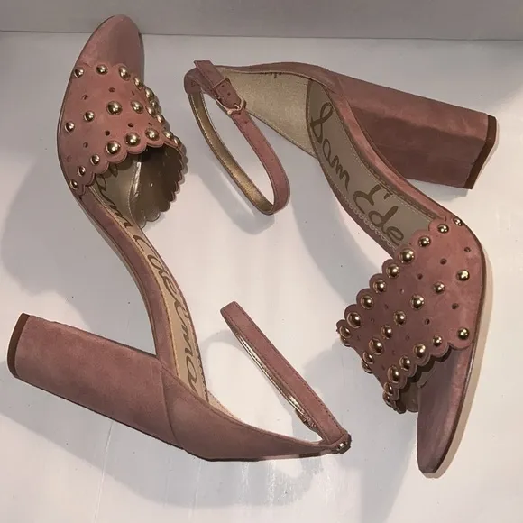 Sam Edelman Yaria studded suede block heel ankle strap dusty rose sandals Sz 10