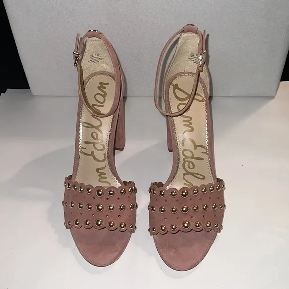 Sam Edelman Yaria studded suede block heel ankle strap dusty rose sandals Sz 10