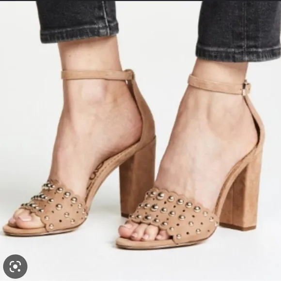 Sam Edelman Yaria studded suede block heel ankle strap dusty rose sandals Sz 10