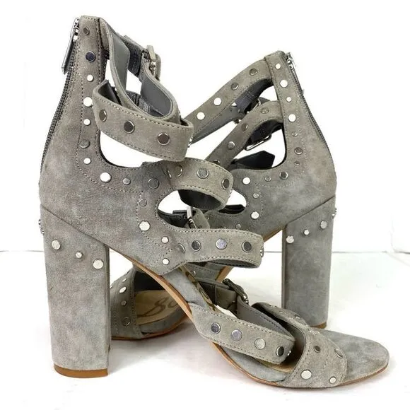 Sam Edelman York Grey Suede Leather Strappy Studded Heeled Sandals Size 8.5