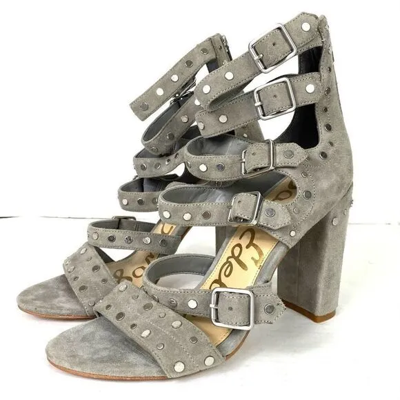 Sam Edelman York Grey Suede Leather Strappy Studded Heeled Sandals Size 8.5