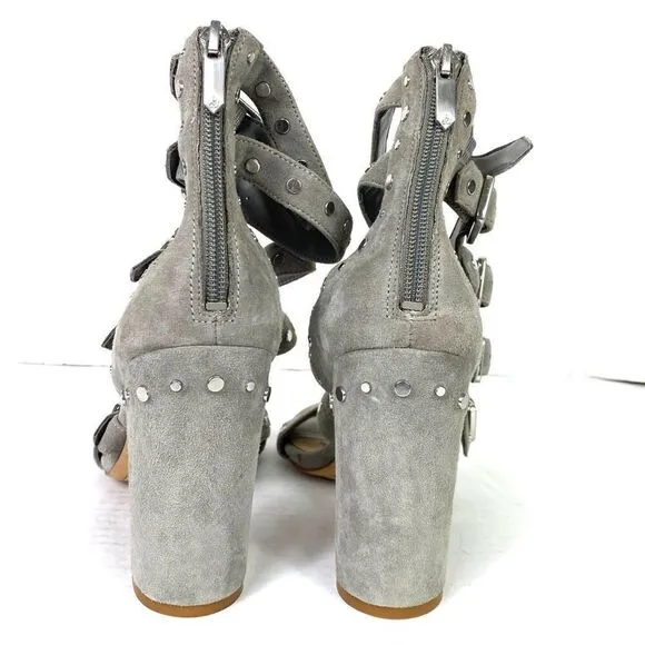 Sam Edelman York Grey Suede Leather Strappy Studded Heeled Sandals Size 8.5
