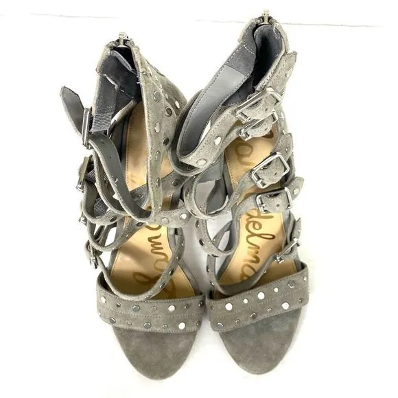 Sam Edelman York Grey Suede Leather Strappy Studded Heeled Sandals Size 8.5