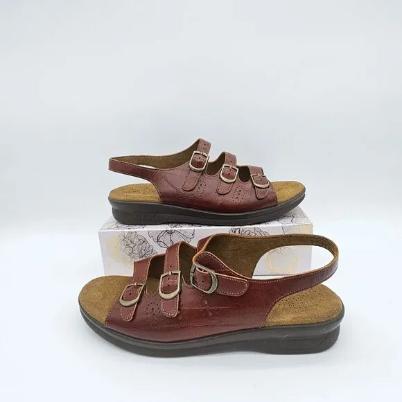 SAS Womens Mystic Leather Sandals 9M Ruby Burgundy Slingback Tripad Comfort Soft