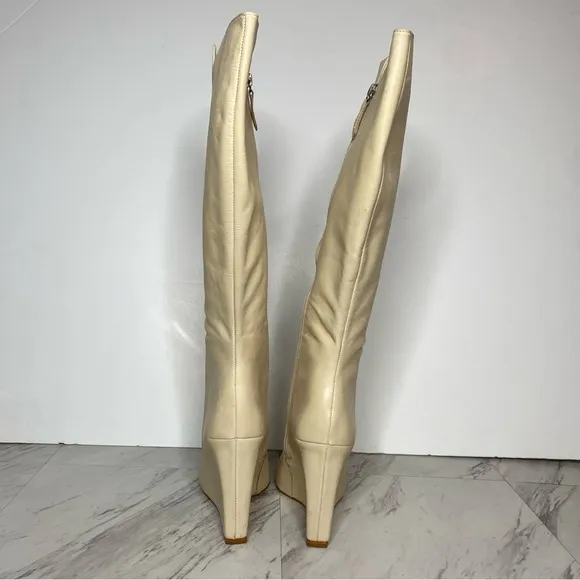 Schutz Asya Up Eggshell Leather Pointy Toe Wedge Tall Boot 9B