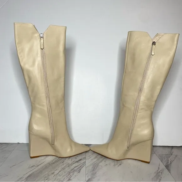 Schutz Asya Up Eggshell Leather Pointy Toe Wedge Tall Boot 9B