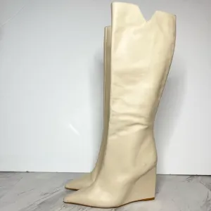 Schutz Asya Up Eggshell Leather Pointy Toe Wedge Tall Boot 9B
