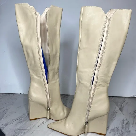 Schutz Asya Up Eggshell Leather Pointy Toe Wedge Tall Boot 9B