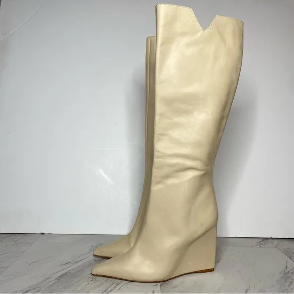 Schutz Asya Up Eggshell Leather Pointy Toe Wedge Tall Boot 9B