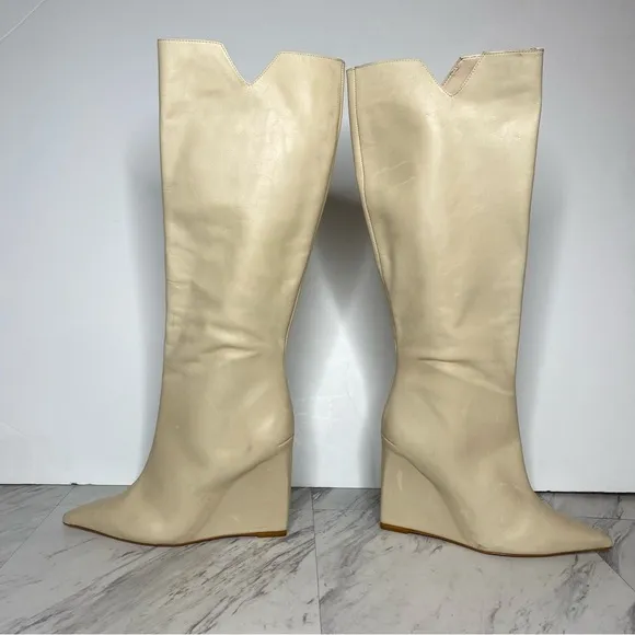 Schutz Asya Up Eggshell Leather Pointy Toe Wedge Tall Boot 9B