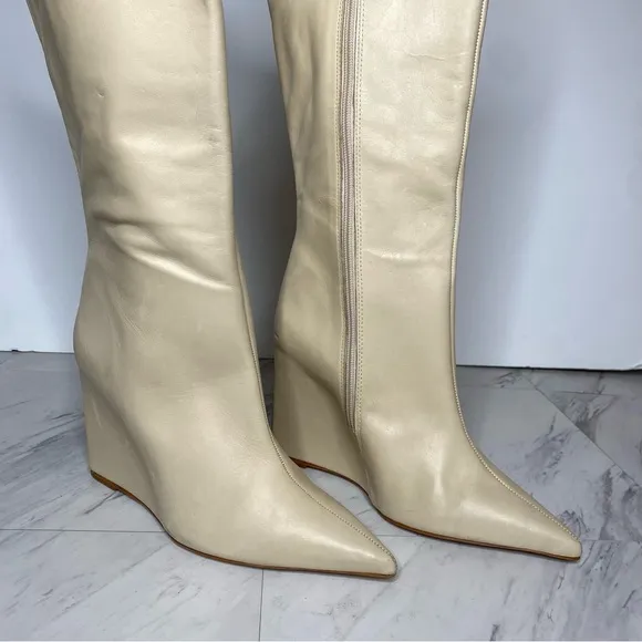 Schutz Asya Up Eggshell Leather Pointy Toe Wedge Tall Boot 9B