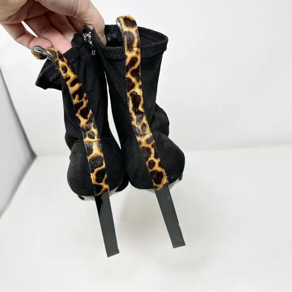SCHUTZ Black Sock Pointed Toe Cheetah Animal Print Boots Size 10