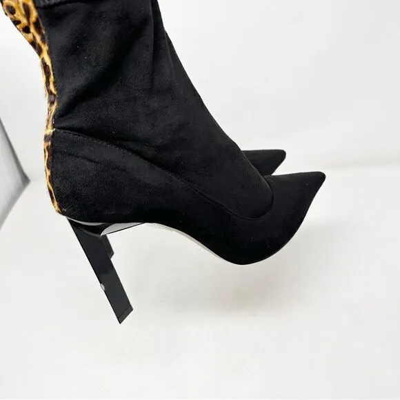SCHUTZ Black Sock Pointed Toe Cheetah Animal Print Boots Size 10