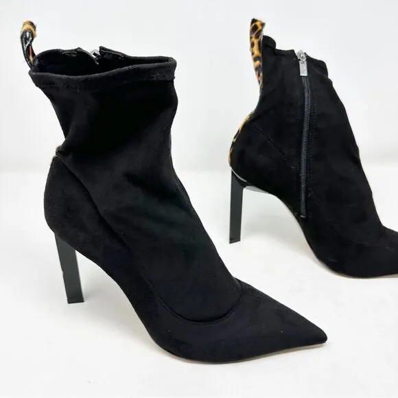 SCHUTZ Black Sock Pointed Toe Cheetah Animal Print Boots Size 10