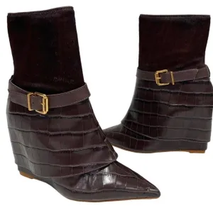 Schutz | Boots Jorian Croc Embossed Brown Leather Wedge