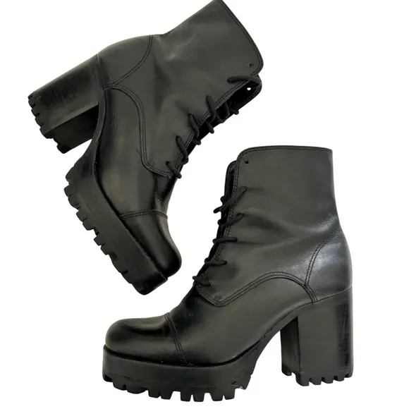 Schutz Jeannie Chunky Black Leather Ankle Boots Goth Platform, 6.5 Grunge Laceup
