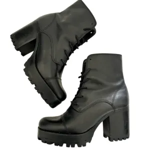 Schutz Jeannie Chunky Black Leather Ankle Boots Goth Platform, 6.5 Grunge Laceup