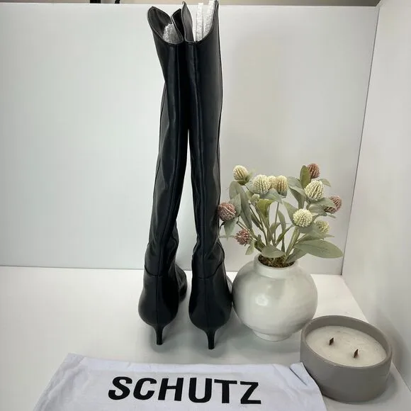Schutz Maryana Lo Boot Leather Black Knee High Boots Pointed Toe Women's US 8 B