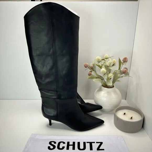 Schutz Maryana Lo Boot Leather Black Knee High Boots Pointed Toe Women's US 8 B