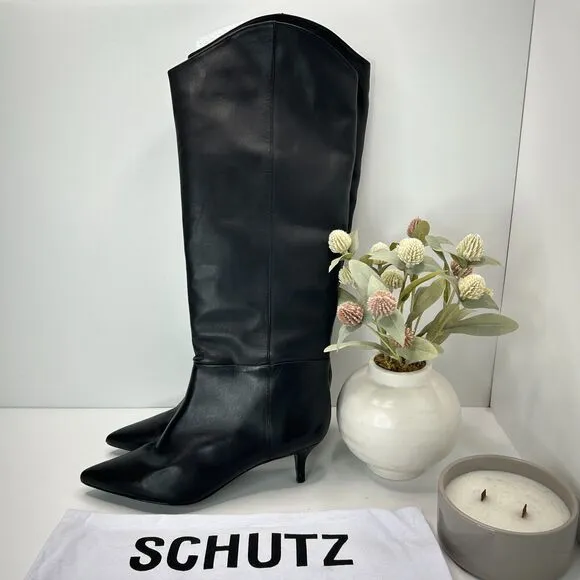 Schutz Maryana Lo Boot Leather Black Knee High Boots Pointed Toe Women's US 8 B