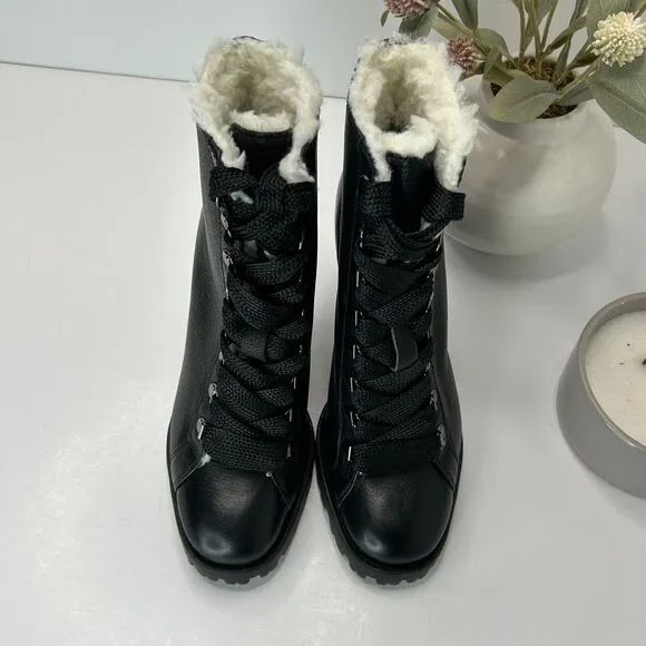 Schutz Zhara Leather Boots Faux Fur Lined Block Heel Black Women's US 7B NWOB