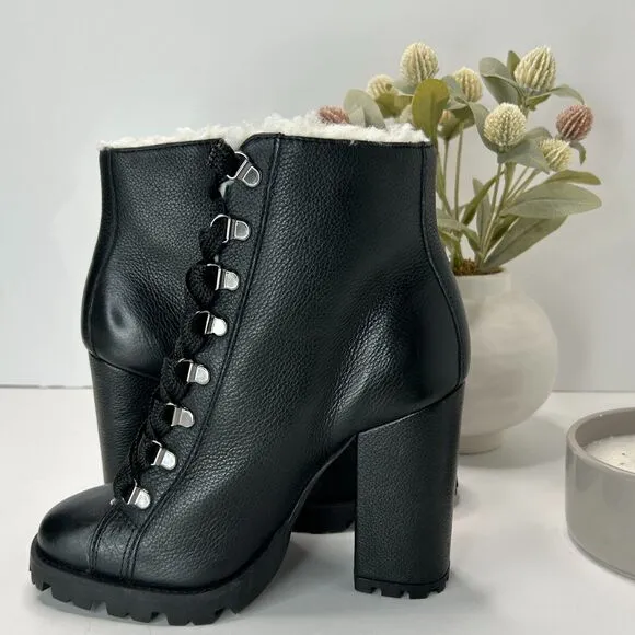 Schutz Zhara Leather Boots Faux Fur Lined Block Heel Black Women's US 7B NWOB