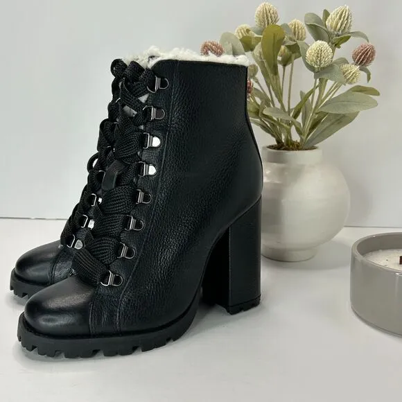Schutz Zhara Leather Boots Faux Fur Lined Block Heel Black Women's US 7B NWOB