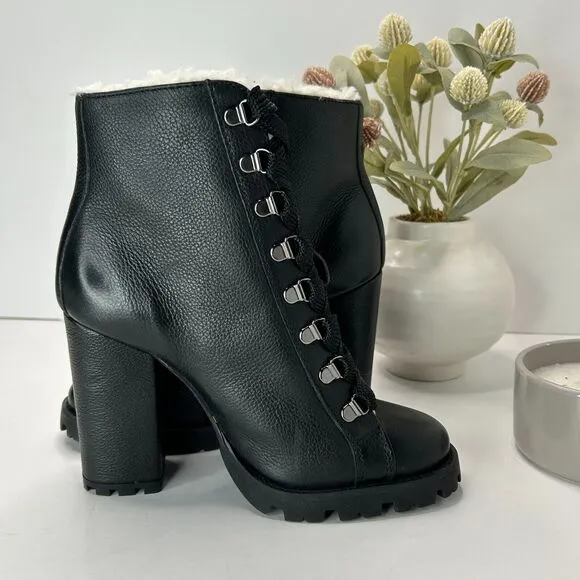 Schutz Zhara Leather Boots Faux Fur Lined Block Heel Black Women's US 7B NWOB