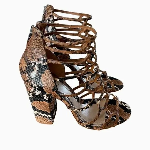 Schutz Womens Snakeskin Print Leather Caged Gladiator Julianna Sandals Tan 9.5