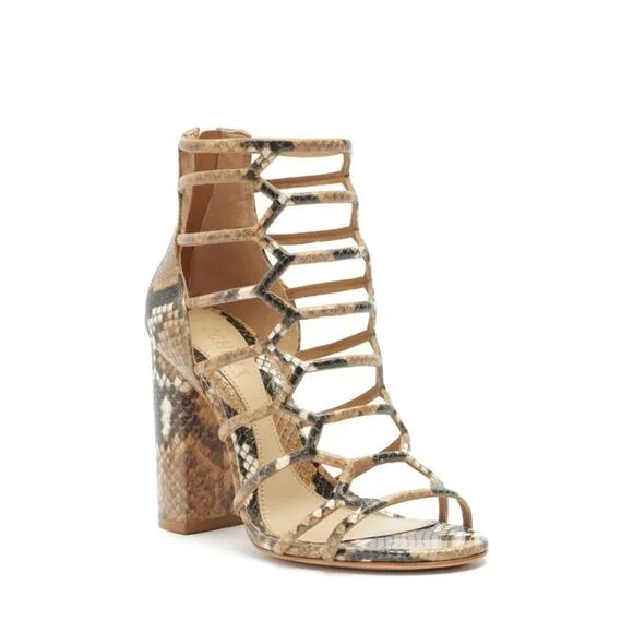 Schutz Womens Snakeskin Print Leather Caged Gladiator Julianna Sandals Tan 9.5