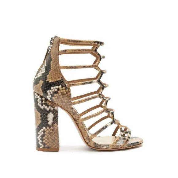 Schutz Womens Snakeskin Print Leather Caged Gladiator Julianna Sandals Tan 9.5