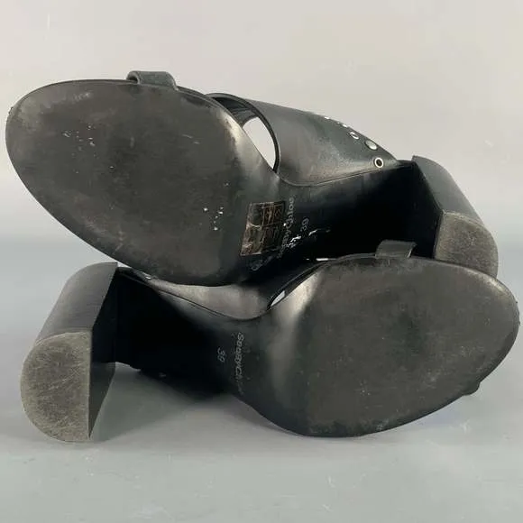 SEE by CHLOE Black Silver Leather Studded Chunky Heel Sandals