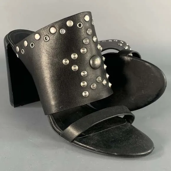 SEE by CHLOE Black Silver Leather Studded Chunky Heel Sandals