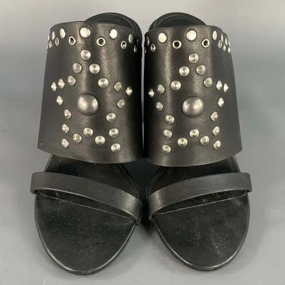 SEE by CHLOE Black Silver Leather Studded Chunky Heel Sandals