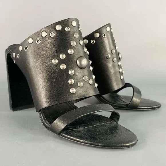 SEE by CHLOE Black Silver Leather Studded Chunky Heel Sandals
