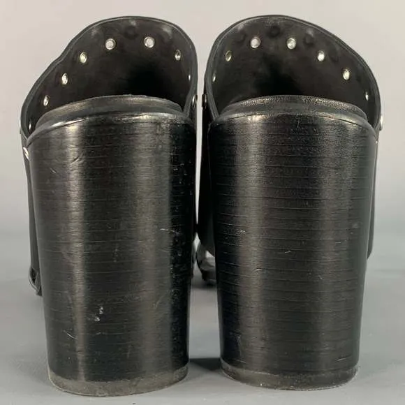 SEE by CHLOE Black Silver Leather Studded Chunky Heel Sandals