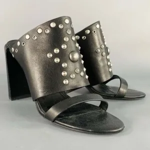 SEE by CHLOE Black Silver Leather Studded Chunky Heel Sandals