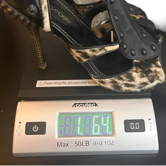 Sergio Rossi Studded Black Leather Cage Stiletto Heels Size 7 Leopard Print Fur