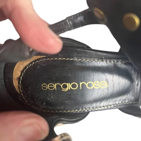 Sergio Rossi Studded Black Leather Cage Stiletto Heels Size 7 Leopard Print Fur
