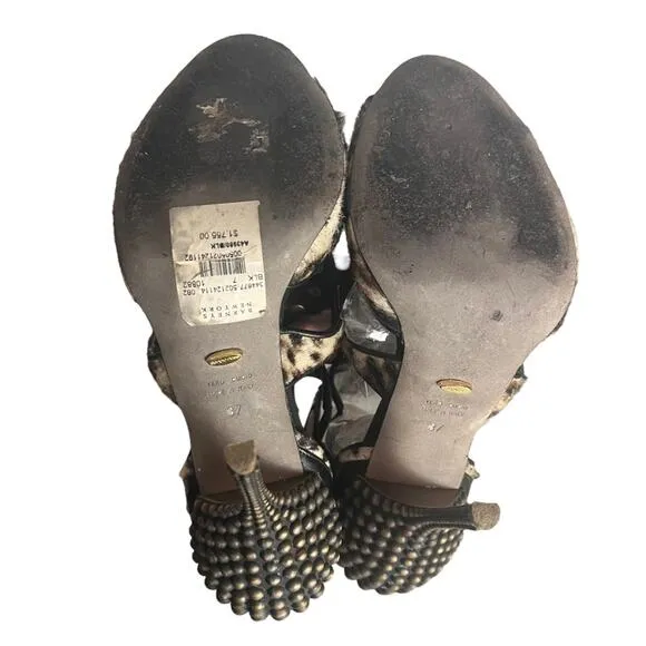 Sergio Rossi Studded Black Leather Cage Stiletto Heels Size 7 Leopard Print Fur