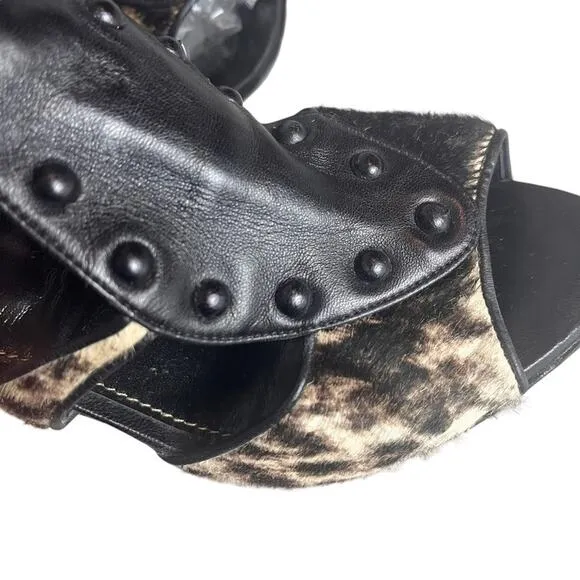 Sergio Rossi Studded Black Leather Cage Stiletto Heels Size 7 Leopard Print Fur