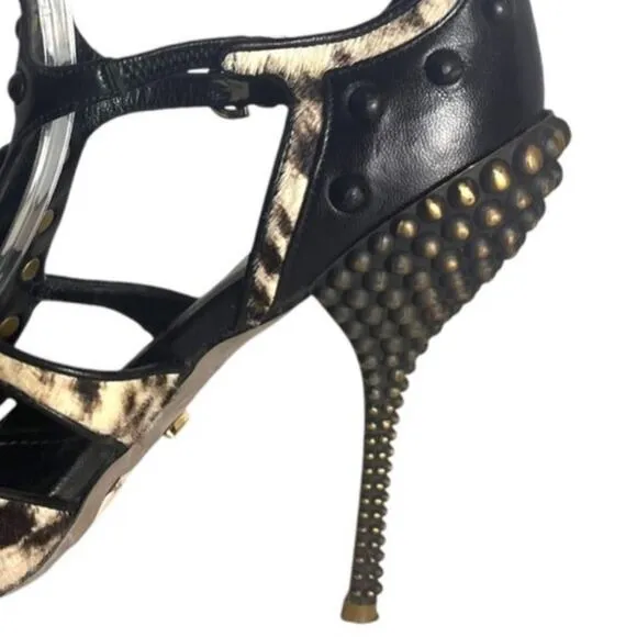 Sergio Rossi Studded Black Leather Cage Stiletto Heels Size 7 Leopard Print Fur