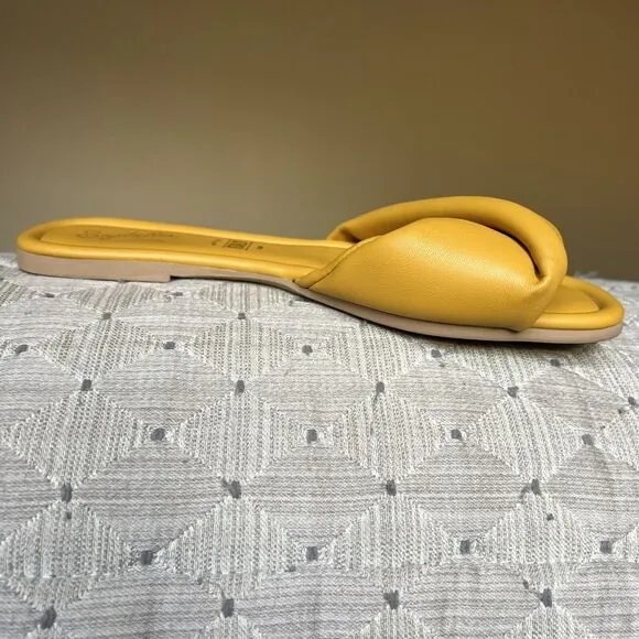 Seychelles Anthropologie Breath of Fresh Air Slide Sandals Mustard Yellow US 8.5