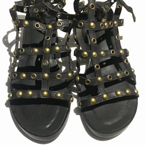 SEYCHELLES HOPE SO NEW $110 6.5 M BLACK STUDDED CAGE GLADIATOR SANDALS HEELS