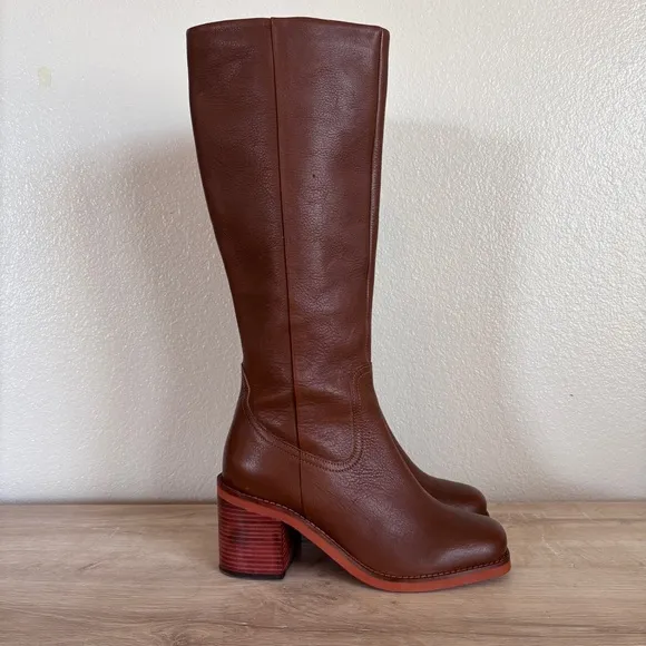 Seychelles Itinerary Block Heel Square Toe Knee High Brown Leather Boot Size 8.5