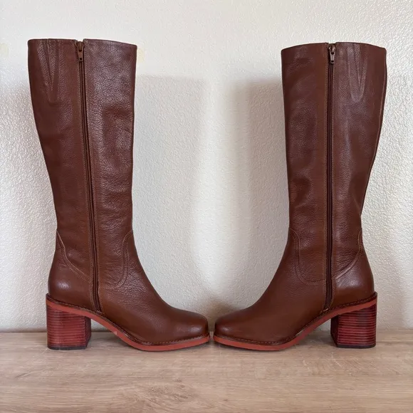 Seychelles Itinerary Block Heel Square Toe Knee High Brown Leather Boot Size 8.5
