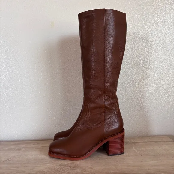 Seychelles Itinerary Block Heel Square Toe Knee High Brown Leather Boot Size 8.5