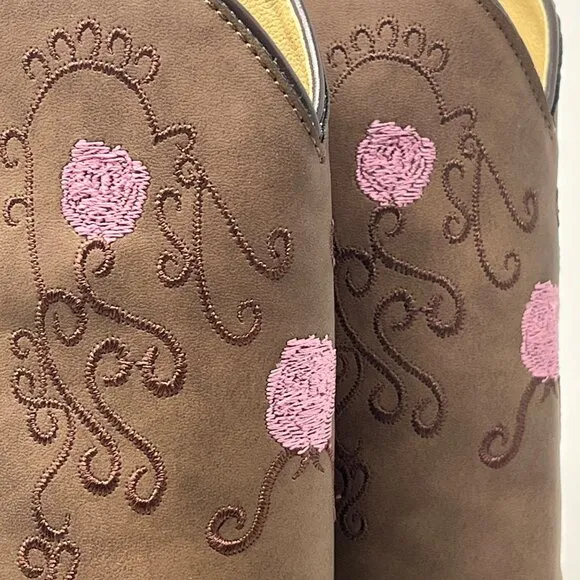 Shyanne Boots Girls 5 Western wear Floral Embroidered Pointed Toe Brown Tan Pink